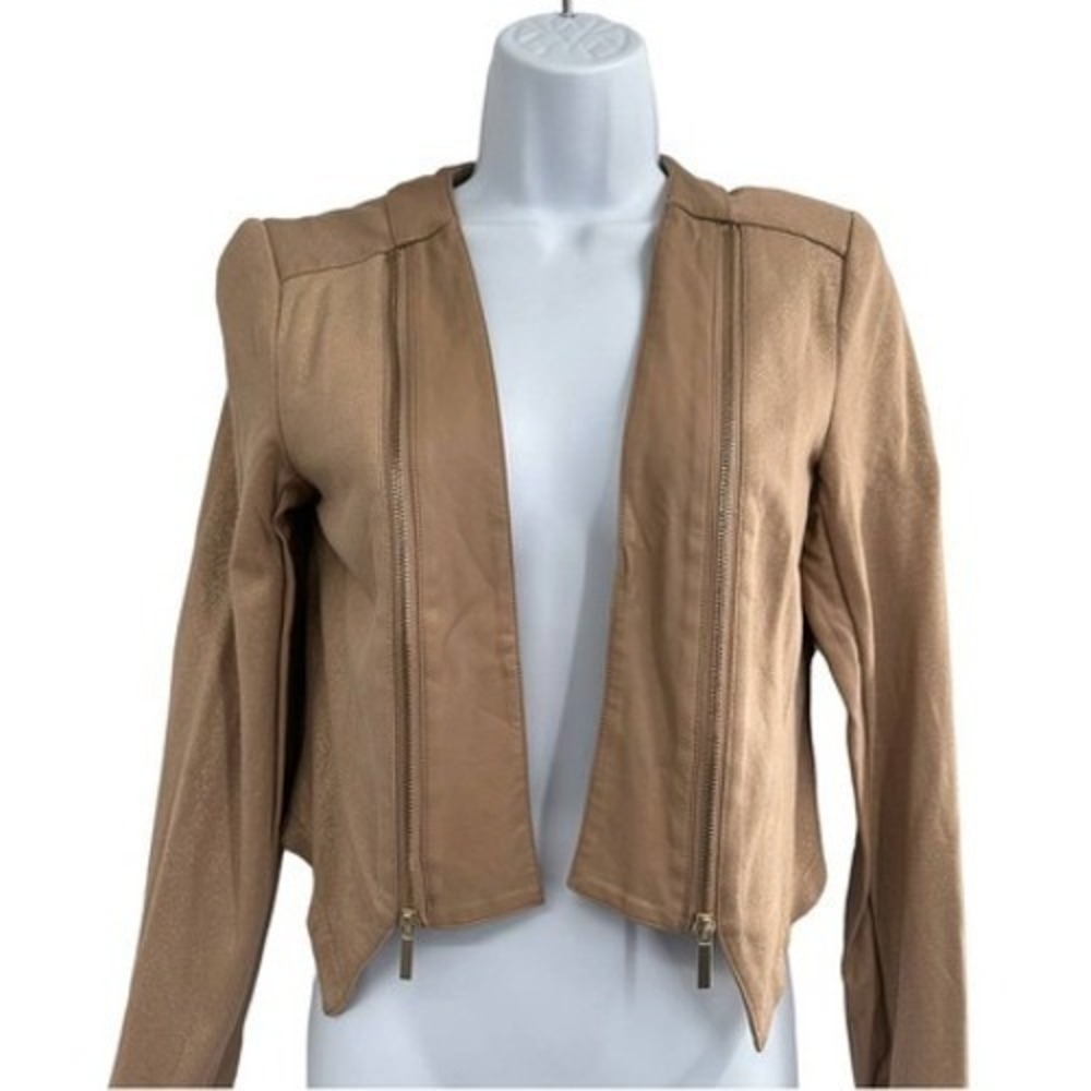 Sao Paulo Women's Warm Sand Metallic Open Front Cropped Moto Jacket Size 4‎ Edgy